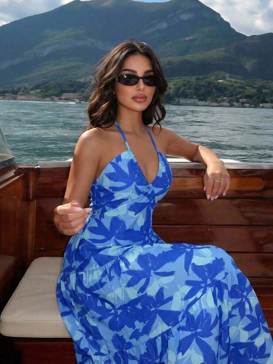 Vestido de gasa para mujer sin espalda con cuello halter y cola larga para vacaciones, bodas o festivales - Azul - Ver 1