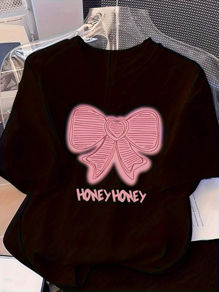 Camiseta con estampado de letras, cuello redondo, manga corta, top de mujer, camiseta deportiva casual - Estilo vintage urbano, unisex, holgada, de algodón, manga corta, cuello redondo, blusas para mujer. blusas.blusas casuales para dama. - Negro - Ver 1