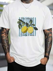 Camiseta de hombre 220g con estampado de limones frescos sobre fondo a rayas,estilo veraniego y casual.Comodidad y estilo garantizados. - Blanco - Ver 1