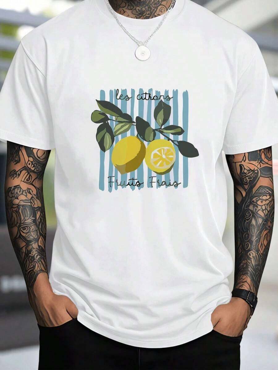 Camiseta de hombre 220g con estampado de limones frescos sobre fondo a rayas,estilo veraniego y casual.Comodidad y estilo garantizados. - Blanco - Ver 1