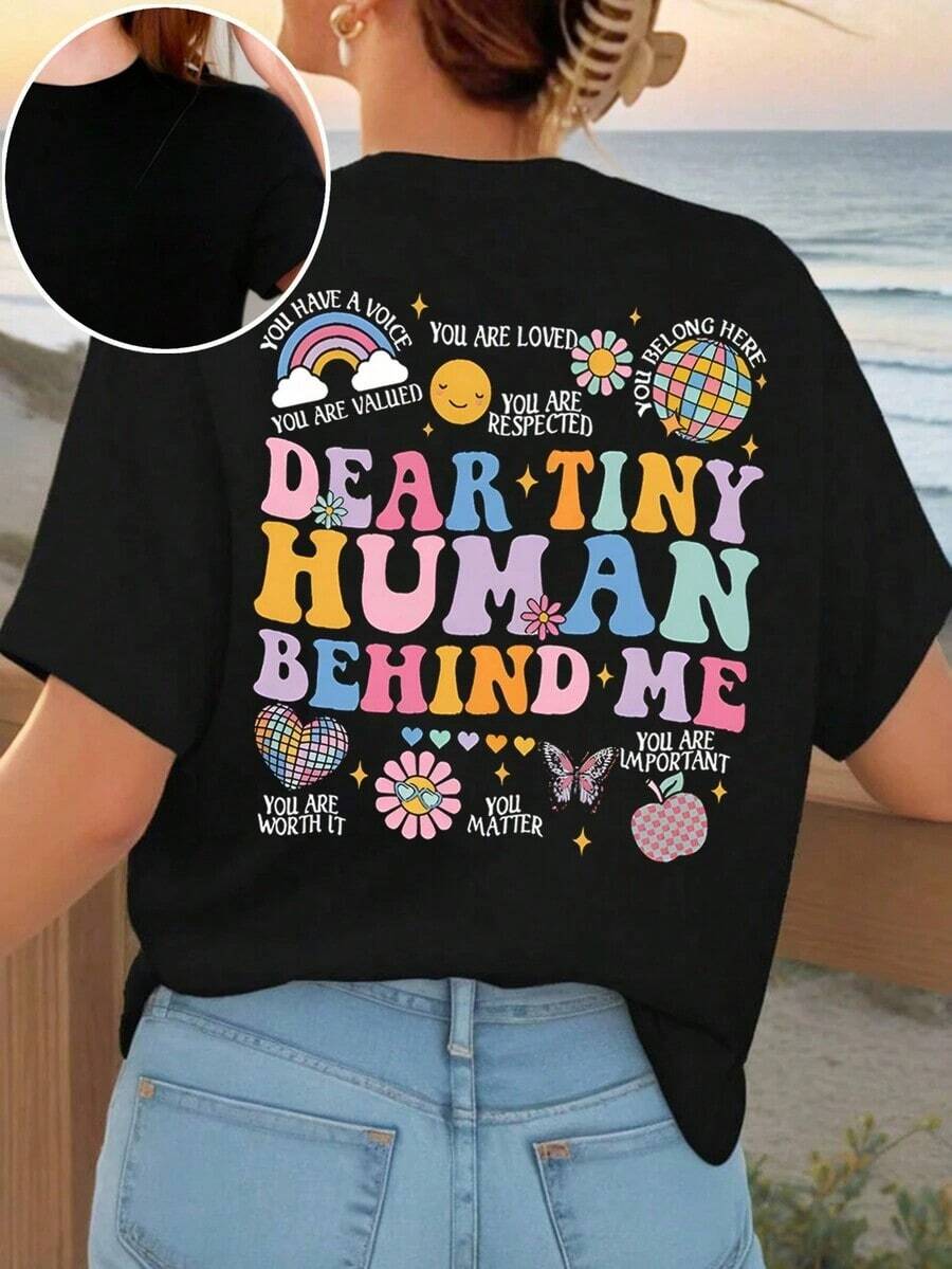 Howell Esta Camiseta Casual y Versátil Estilo Letter-Style Es Adecuada Para Primavera y Verano, Ofreciendo Comodidad y Elasticidad, Hecha de Algodón Puro. - Negro - Ver 1