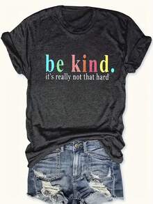 [Chic Letter Print Tee] Comfy Chic Letter Print Tee - Women's Casual Short Sleeve Crew Neck T-Shirt For Everyday Wear & Stylish Layering - 黑色 - 查看 1