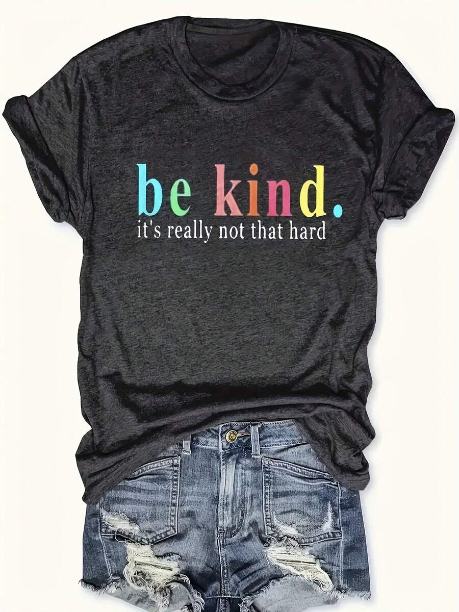 [Chic Letter Print Tee] Comfy Chic Letter Print Tee - Women's Casual Short Sleeve Crew Neck T-Shirt For Everyday Wear & Stylish Layering - 黑色 - 查看 1