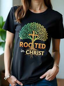 Graphic T-Shirt "Rooted In Christ" 180g Crew Neck Short Sleeve Black Christian Clothing Inspirational Easter Gift Idea Summer Fashion Plus Size For Women - 黑色 - 查看 1
