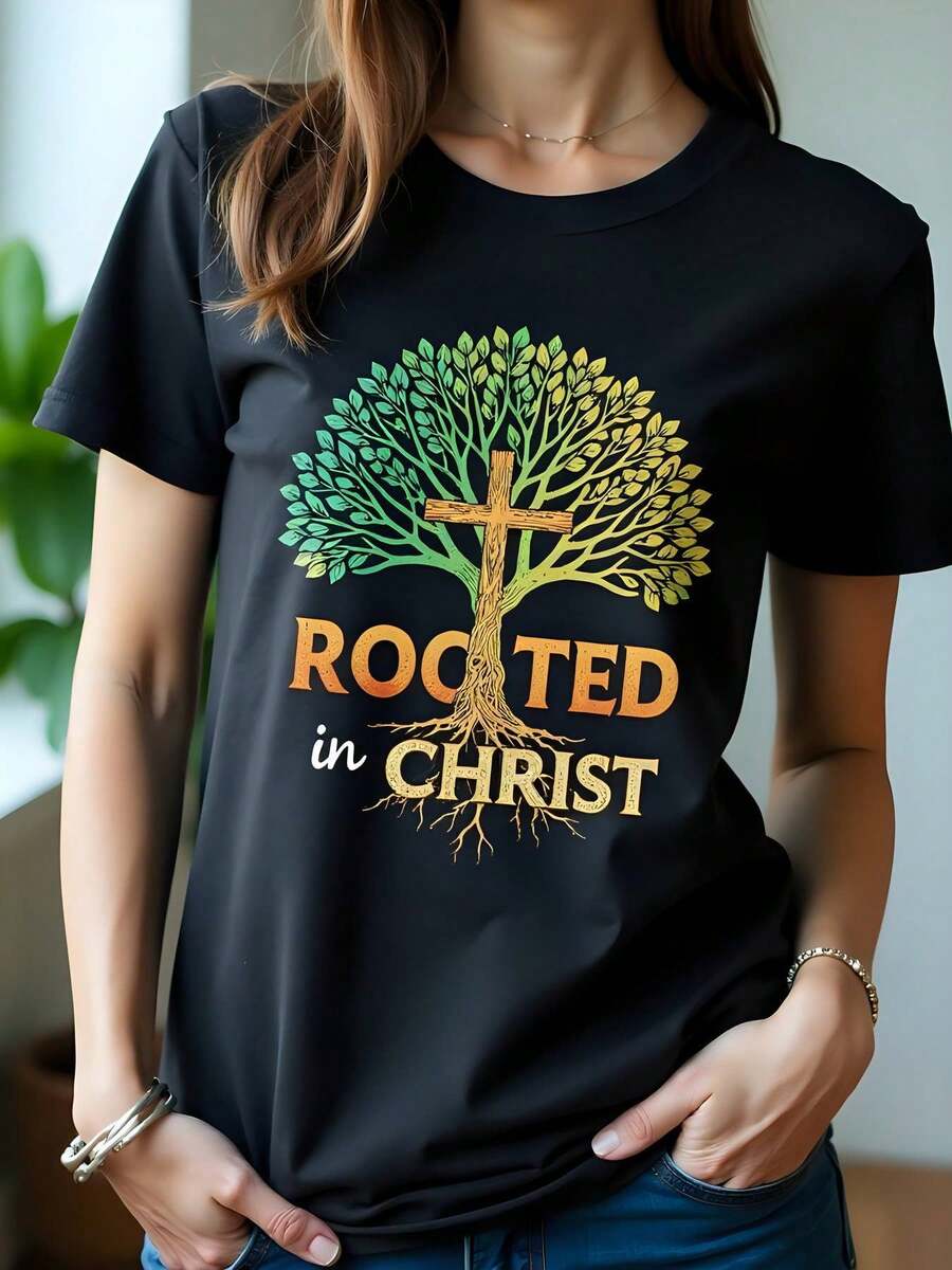 Graphic T-Shirt "Rooted In Christ" 180g Crew Neck Short Sleeve Black Christian Clothing Inspirational Easter Gift Idea Summer Fashion Plus Size For Women - 黑色 - 查看 1