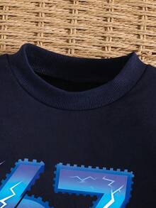 Young Boys Letter Print Crew Neck Long Sleeve Warm Sweatshirt And Pants Set - Royal Blue - View 4