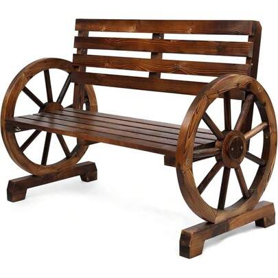 VINGLI Rustic Wooden Wheel Bench Outdoor Bench, Patio Bench Wagon Slatted Seat, Garden Benches For Outdoors 350lbs High Capacity, Weather Resistance (Rustic, 41in)