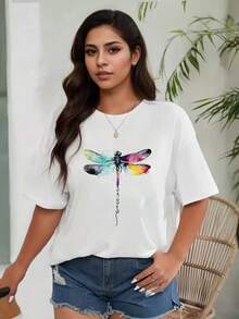 Plus Size Round Neck Short Sleeve T-Shirt Colorful Dragonfly Print Women's Casual Christmas Clothing Pure-Cotton - 白色 - 查看 1