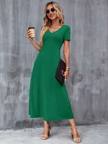 Vestido unicolor con bolsillo oculto escote V - Verde - Ver 4
