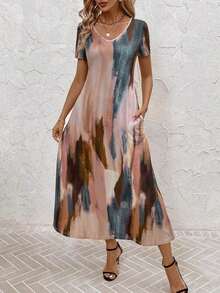 Vestido unicolor con bolsillo oculto escote V - Rosa - Ver 5