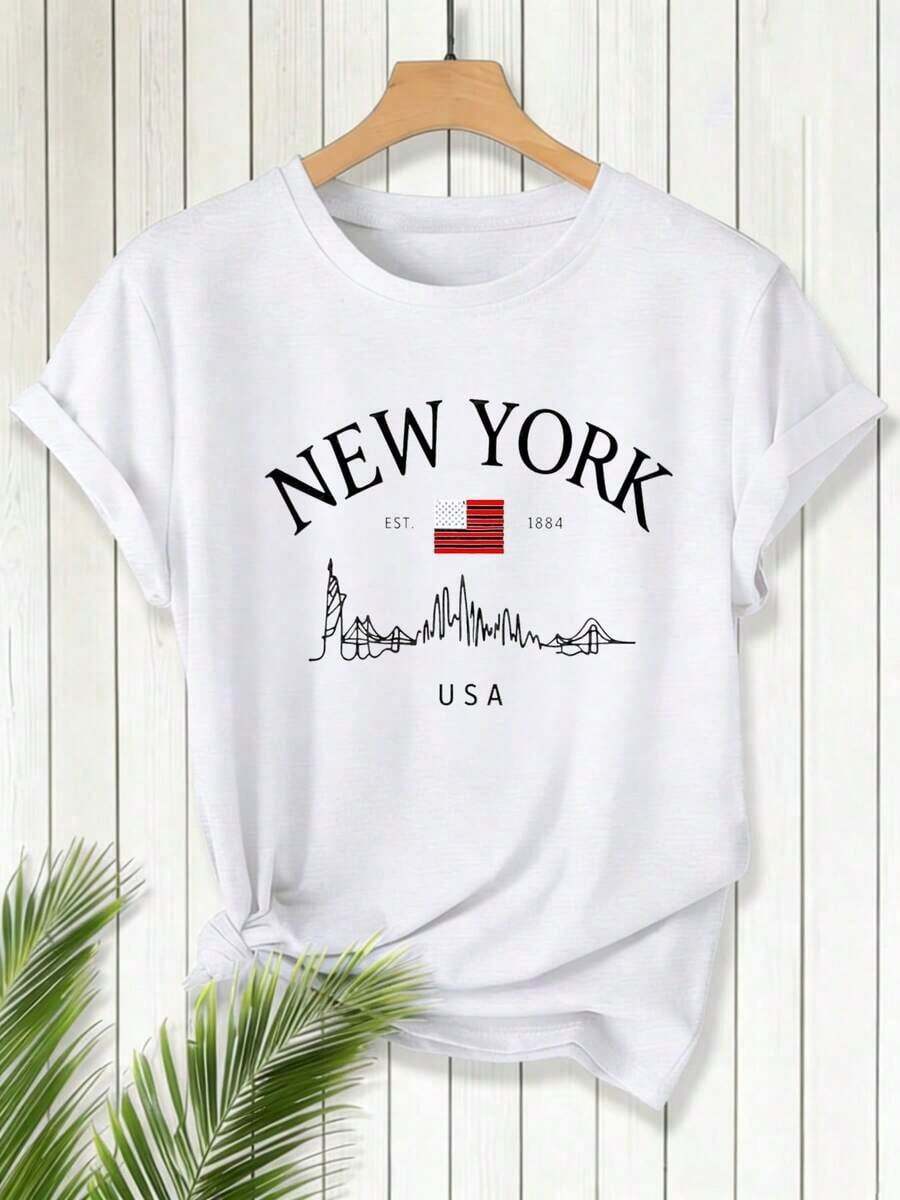 Women's Short-Sleeved T-Shirt, Casual Summer Style, With A Simple Slogan Print, Loose Fit, Round Neck, Ideal For Everyday Wear And Vacations. Women's T-Shirt. Summer T-Shirt. - 白色 - 查看 1