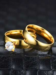2 piezas Anillos de acero inoxidable brillante con incrustaciones de diamantes de imitación de lujo, anillos elegantes para pareja para boda, banquete y uso diario para mujeres - Anillos de boda - Ver 11