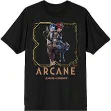Camiseta minimalista de hombre con estampado, cuello redondo y manga corta, Arcane League Legends, adulto, color granate, cuello redondo, talla pequeña - .com - Negro - Ver 1