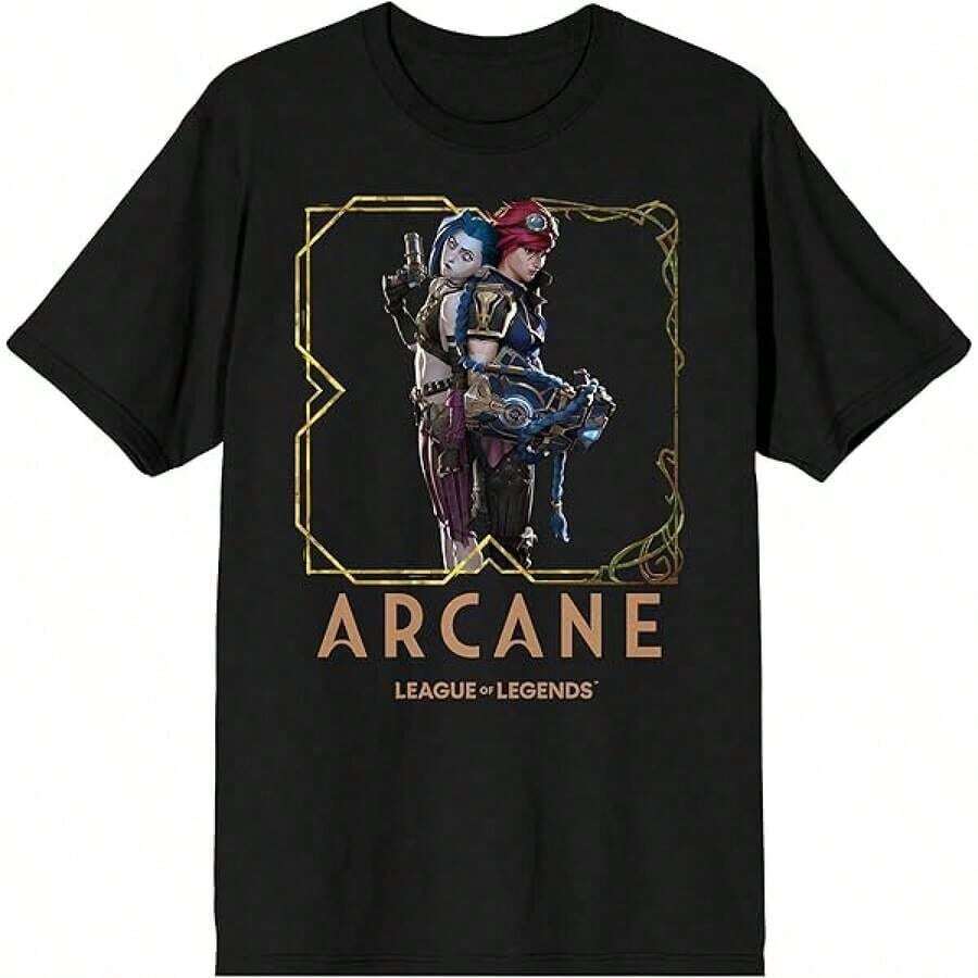 Camiseta minimalista de hombre con estampado, cuello redondo y manga corta, Arcane League Legends, adulto, color granate, cuello redondo, talla pequeña - .com - Negro - Ver 1