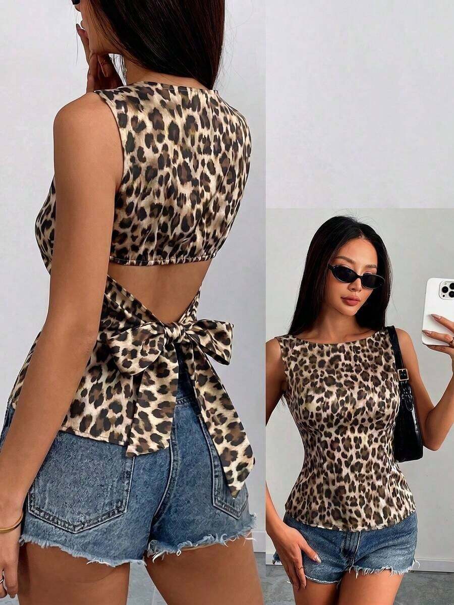 Camisa ajustada sin mangas de unicolor con lazo en la espalda, sexy y elegante para uso casual, adecuada para citas, vacaciones, oficina/negocios, primavera/verano - Multicolor - Ver 1