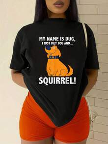 The Print Features A Cheerful Dog Named Dug Expressing Enthusiasm And Tenderness Upon Discovering A Squirrel, Conveying Positive Energy And A Sense Of Humor Ideal For Animal Lovers. This Comfortable And Casual Women's T-Shirt Is Perfect For Everyday Wear. - 黑色 - 查看 2