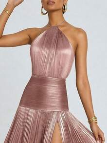 Elegant Fitted Halter Neck Dress With Open Back And Defined Waist, Perfect For Spring 2026 - Pink - View 2