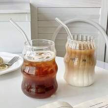 Bộ 4 cốc cà phê thủy tinh dung tích lớn 530ml, cốc uống cà phê đá, trà, nước ép đẹp mắt. Cốc cà phê & trà độc đáo, thiết kế lượn sóng/gân hiện đại, cốc uống đồ lạnh mùa hè. Đồ dùng quầy bar. Quà tặng sáng tạo dành cho phụ nữ. Vật dụng nhà bếp thiết yếu. - Nhiều màu - Xem 7