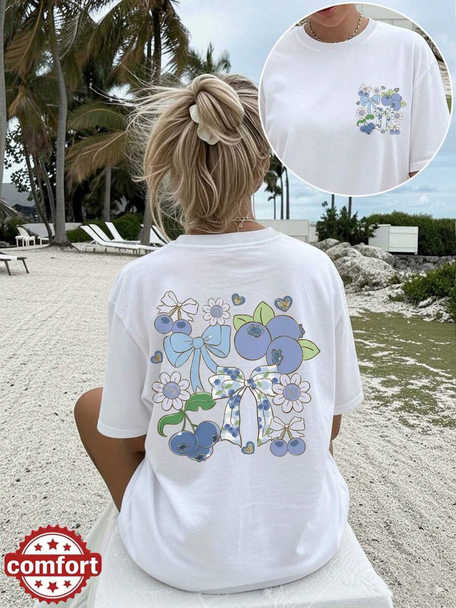 [Double-Sided Print] Women's Spring And Summer Top, Beach Fashion, Cool Style, Blueberry Print, Bow, Flowers And Hearts, Casual Short Sleeve Round Neck T-Shirt - 白色 - 查看 1