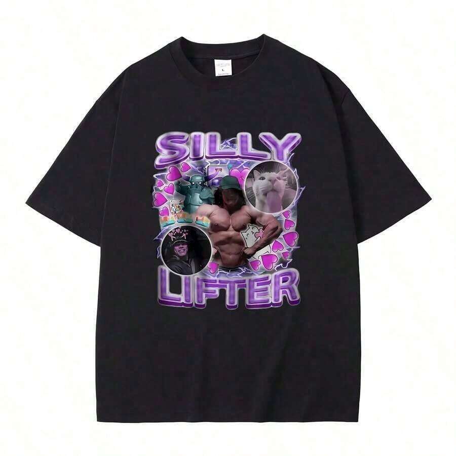 180g Pure Cotton T-Shirt Sam Sulek Silly Lifter Pump Cover Bodybuilder Meme Print For Men And Women, Casual Cotton T-Shirt, Men's T-Shirts 01336, Loose Fit, Casual And Versatile T-Shirt - 黑色 - 查看 1