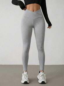 Pantalones ajustados elásticos de cintura en V de color sólido para mujer  PETITE - Gris Claro - Ver 4