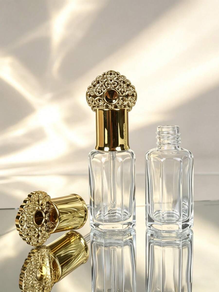 1/2 st 12 ml arabiska åttkantiga klara parfymflaskor i glas med guldfiligran-kronkork, glasdroppare + gratis 3-i-1 påfyllningsverktyg, läckagesäkra påfyllningsbara resebehållare för kosmetika, DIY-aromaterapi, heminredning och present för kvinnor och män - Genomskinlig - Visa 1