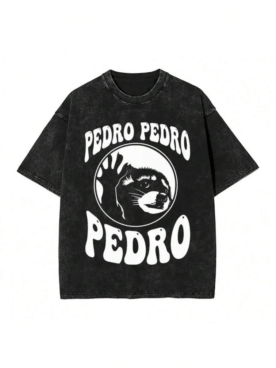 Vintage-Inspired Raccoon Print T-Shirt - Short-Sleeve Cotton Tee, All-Season Urban Casual Wear, Pedro, Washed, Hip Hop Style, Plus Size JY2R - 黑色 - 查看 1