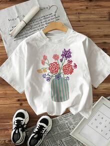 1 Piece Women's Floral Print T-Shirt, White Blouse With Details In Red, Purple, Blue, Green, Yellow, Orange, Pink, Black And White, Lightweight, For Summer, For Daily And Formal Use, Casual T-Shirt For Women, Clothing Complement, Round Neck T-Shirt, Comfortable Fit, Versatile Design, Breathable Material, Short Sleeve, For Fashion Lovers, 180g 100% Cotton. - 白色 - 查看 7