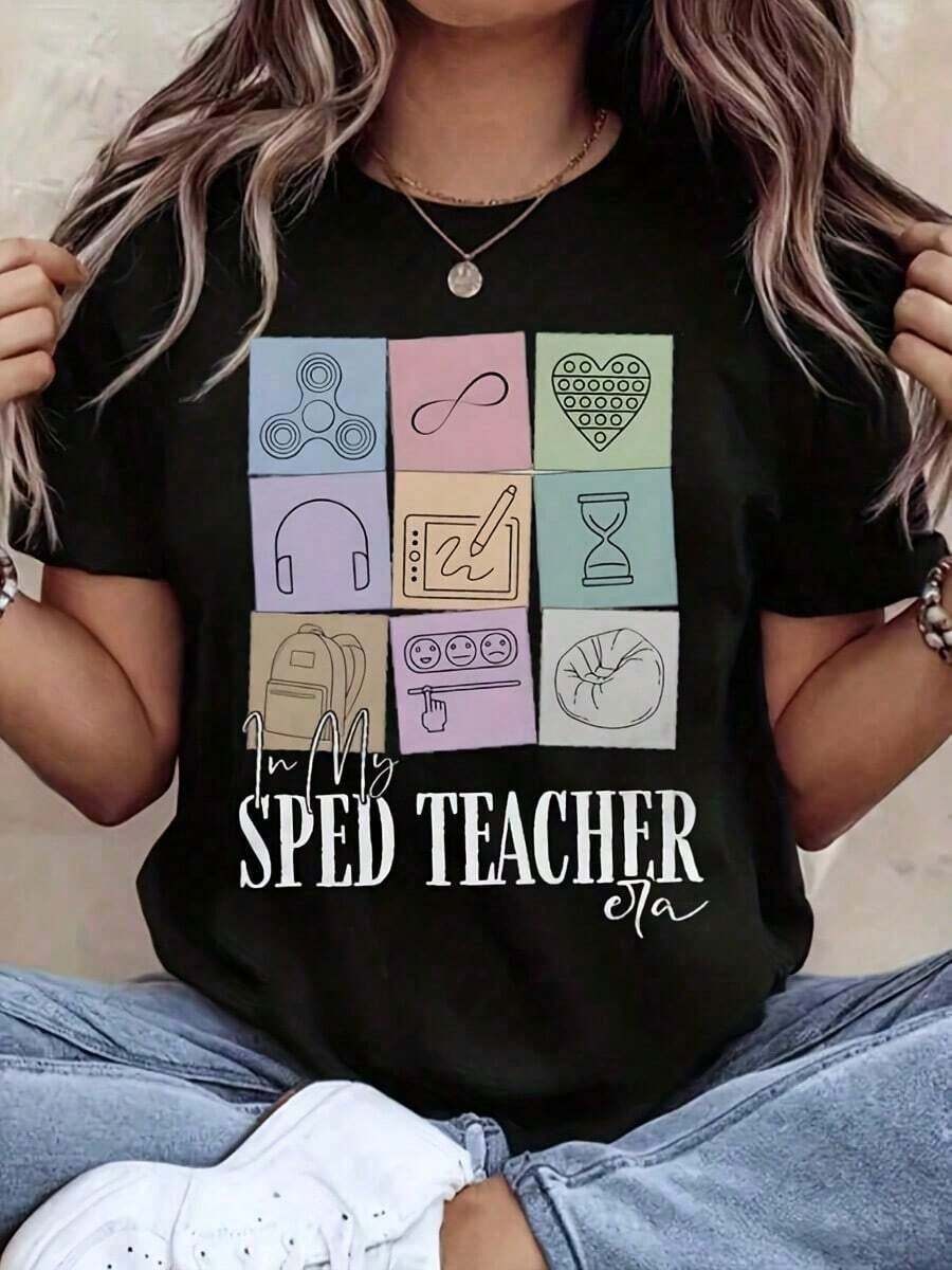 Camiseta de manga corta para mujer, camiseta de cuello redondo para mujer, estampado gráfico de asistente de profesor de educación especial, profesor de educación especial, ropa casual de manga corta para la escuela y el uso diario. - Negro - Ver 1
