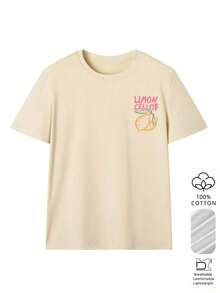 Camiseta holgada de mujer con estampado de limones "La Dolce Vita", 100% algodón, transpirable, cuello redondo, manga corta, estilo Y2K para playa, ideal para días de playa, vacaciones de verano, brunch, festivales de música y atuendos casuales de verano. - Albaricoque - Ver 3