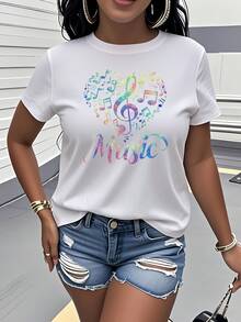 Women's Pure Cotton T-Shirt, Loose Casual Style, With Musical Note Print, Short Sleeve Casual Sweatshirt, Round Neck T-Shirt For Women. - 白色 - 查看 1