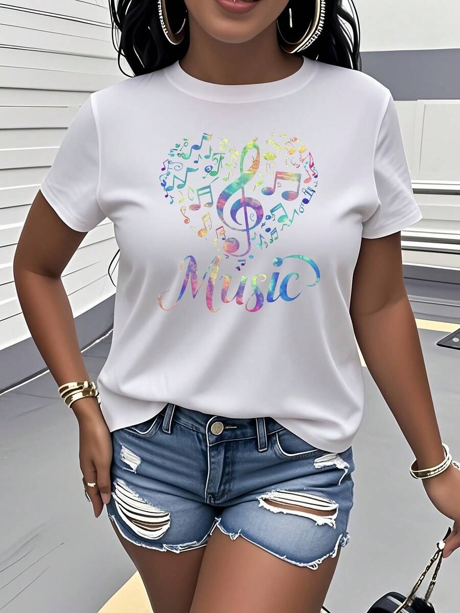 Women's Pure Cotton T-Shirt, Loose Casual Style, With Musical Note Print, Short Sleeve Casual Sweatshirt, Round Neck T-Shirt For Women. - 白色 - 查看 1