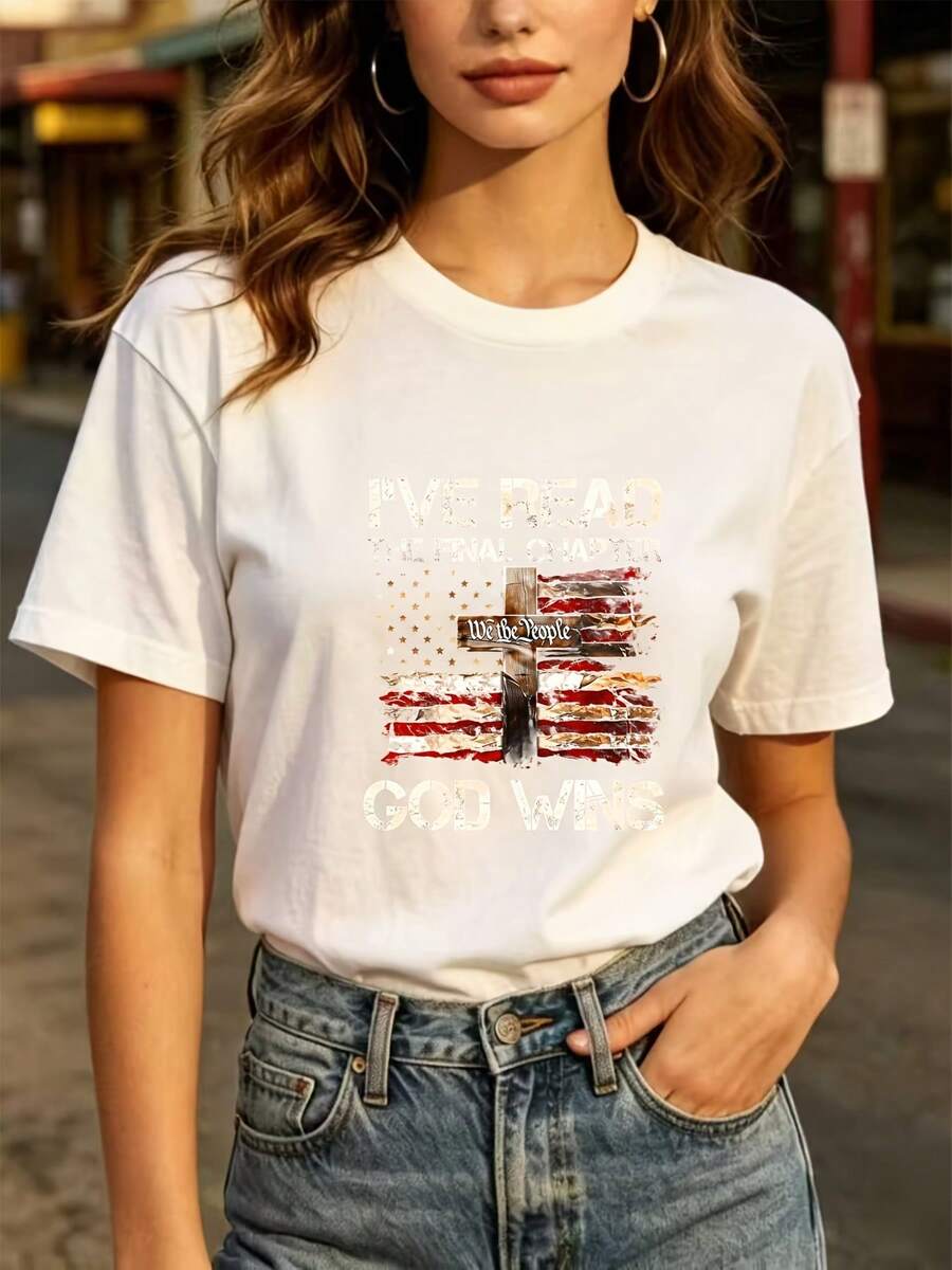Unisex Independence Day T-Shirt - Soft Short-Sleeved Crew Neck T-Shirt With Patriotic American Flag Design, Suitable As An Independence Day Gift, Unisex American-Themed T-Shirt In Red, White And Blue, Casual Holiday Wear, Machine Washable. - 白色 - 查看 1
