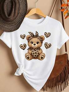 Camiseta moderna e informal de manga corta - estampado de oso de peluche con estampado de leopardo, camiseta estampada de moda para mujer primavera/verano, ¡tu mejor elección! Camiseta informal negra de cuello redondo para hombre, nuevas camisetas 2026, camisas para niños, ropa para niñas, conjuntos de ropa para madre e hija. - Blanco - Ver 7