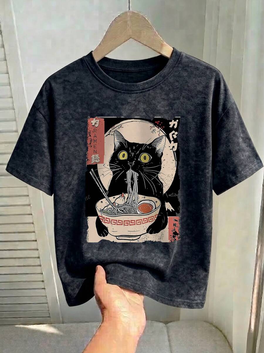 女士标准水洗T恤 | 日式拉面黑猫图案T恤 | 美感水洗炭灰色短袖上衣 | 休闲街头风夏季装