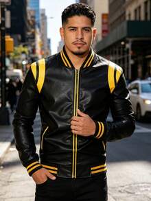 Men's Urban Style Jacket In Faux Leather, Long Sleeve With Zip Closure, Regular Fit, Casual Color Block Design, Pockets, Polyester Lining And Baseball Collar. - Black - View 2