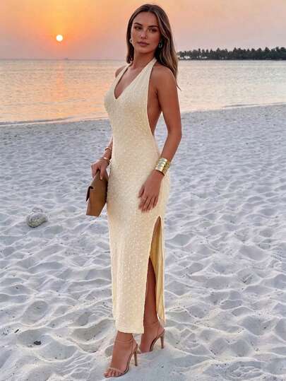 NOVELLE Damen elegantes, sexy cremefarbenes Neckholder-Kleid mit Schlitz, strukturiertes Bindeband V-Ausschnitt rückenfreies Maxikleid, geeignet für Sommerurlaub, Dates, Partys und den täglichen Gebrauch