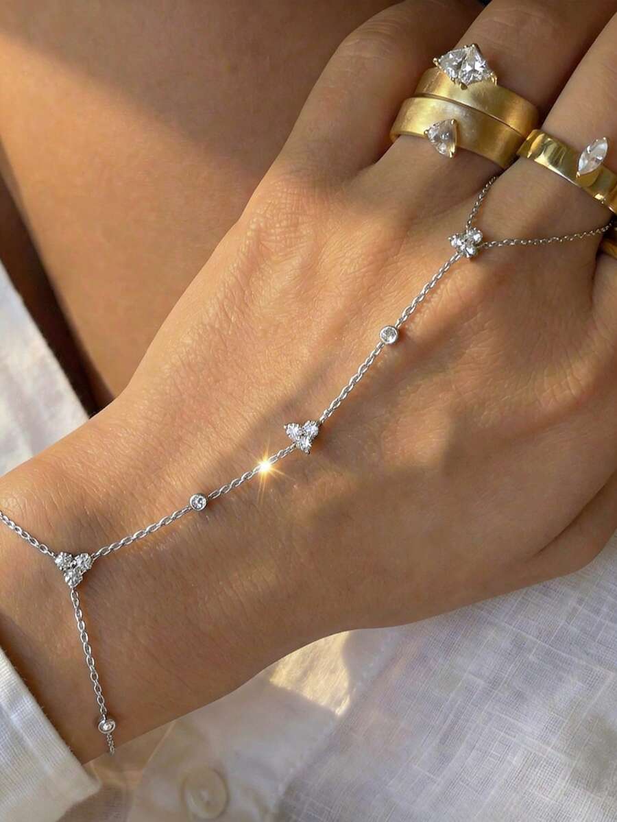1pc Crystal Knuckle Hand Chain, Minimalist Geometric Hand Harness Jewelry For Women - Silver - View 1