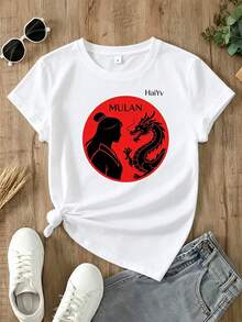 Limited Time Offer, Limited Quantity Available, Lightning, Women's Shirts, Women's T-Shirts. Women's T-Shirt With  And Dragon Silhouette Print, Chinese Style, Round Neck, Short Sleeve, Casual. - 白色 - 查看 4