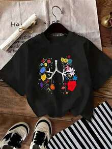 Women's Loose Fit T-Shirt, Soft And Breathable, Round Neck, For Everyday Wear And Parties In All Seasons, Non-See-Through Fabric For Casual And Formal Outfits, Easy Care, Hand Washable, Colorful T-Shirts With Graphic Prints, Comfortable Pullover Style T-Shirt - 黑色 - 查看 8