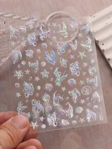 1张5D立体浮雕全息美人鱼尾巴美甲贴纸，极光幻彩贝壳和星空美甲贴花，梦幻海洋设计，DIY美甲装饰，适合春夏、音乐节、婚礼、度假派对等场合 - 彩色 - 查看 5