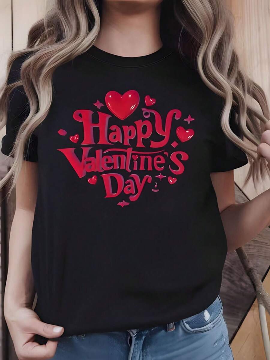 Women's T-Shirt With The Phrase "Happy Valentine's Day" In Red, Glittery Heart, Small Hearts And Glittery Decorative Details - 黑色 - 查看 1