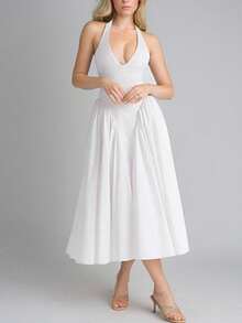 Elegant Pleated Halter Neck Party Dress For Spring 2026 - 白色 - 查看 1