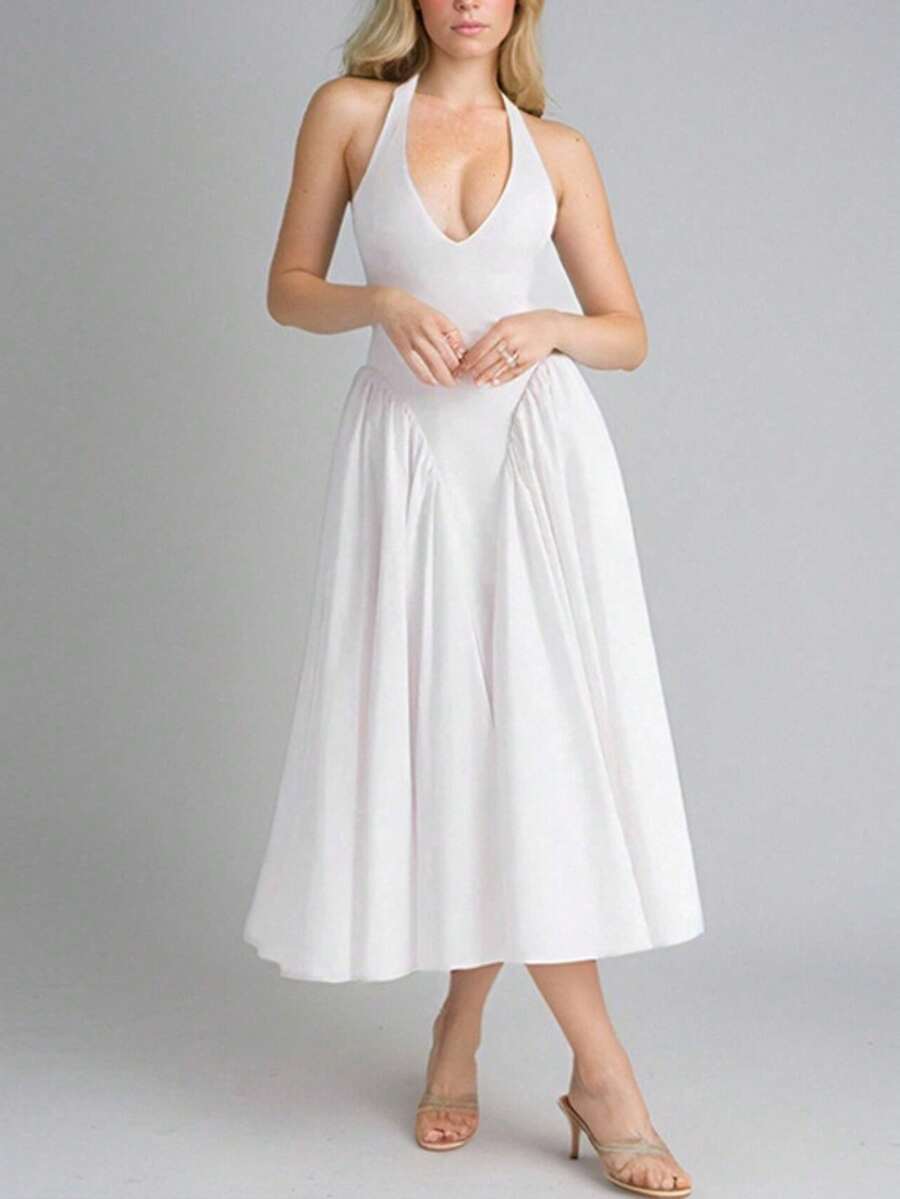 Elegant Pleated Halter Neck Party Dress For Spring 2026 - 白色 - 查看 1