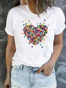 1 Pc Graphic Women's Casual T-Shirt With Colorful Heart Print Creative Design Soft Fabric Solid Color Loose Fit Round Neck Short Sleeve Spring Summer Daily T-Shirt Vintage - 白色的 - 查看 6