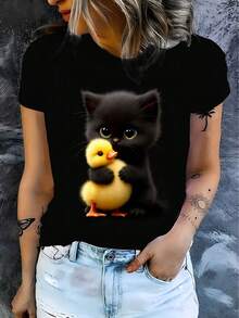 Camiseta negra para mujer Parent- con estampado de mascota adorable: patrón de gatito y patito amarillo, suave, adorable, casual, versátil, de manga corta - Negro - Ver 1
