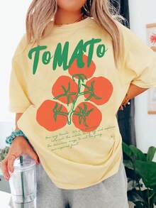 Tomato Shirt, Tomato Girl Summer, Garden T-Shirt. Women's Fashionable Casual T-Shirt With Creative Print, Short Sleeve, Round Neck, For Spring And Summer. Festive Celebration Shirt, Party Wear Top. - 彩色 - 查看 1