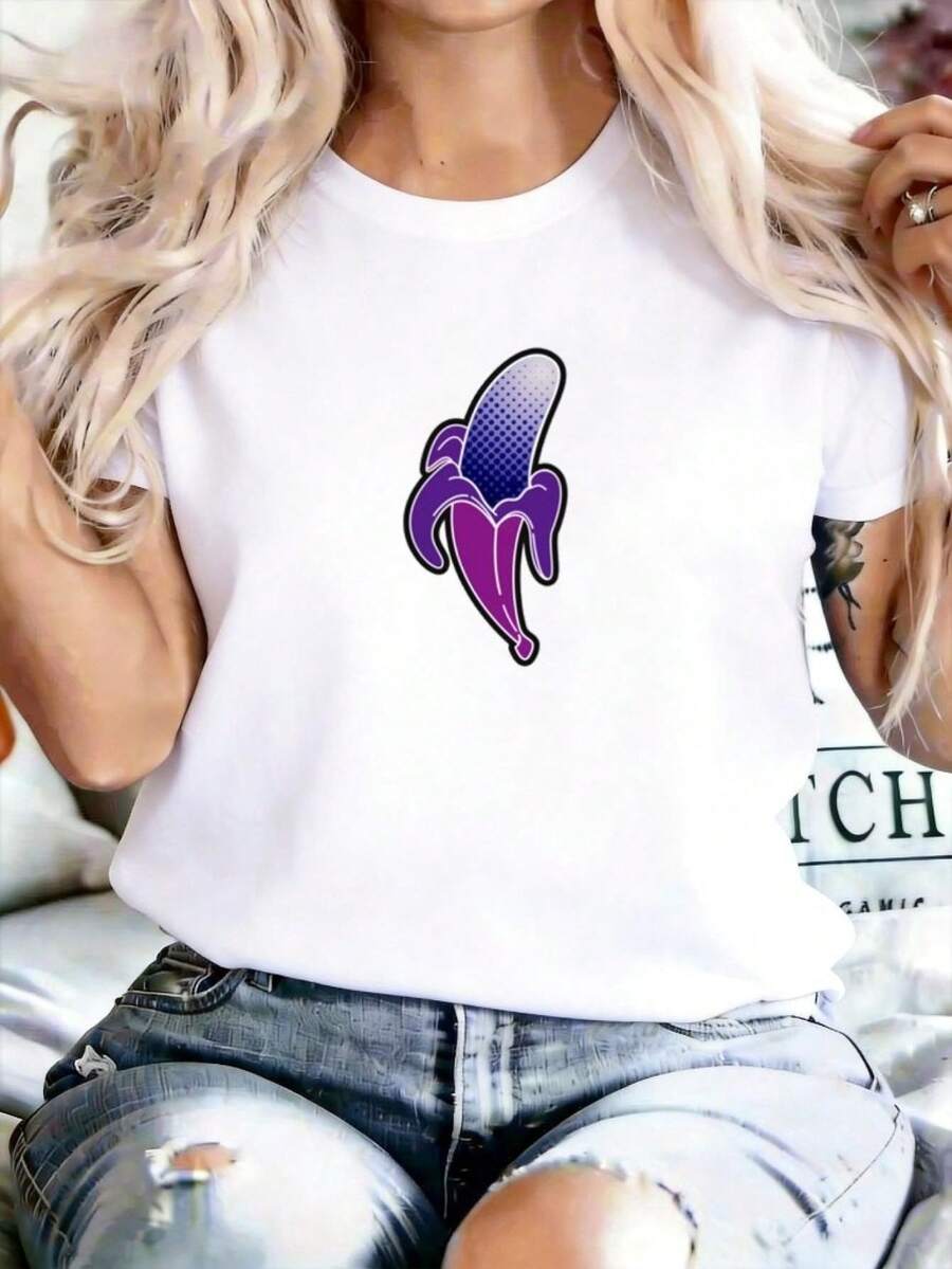 Women's T-Shirt With Cartoon Banana Print, Casual Elegant Style, Casual Short Sleeve Crew Neck Design, Soft Crew Neck, Plus Size Top, Soft And Stretchy, Perfect For Outings And Casual Wear, Quick Drying, Breathable, Washable, Comfortable Fit - 白色 - 查看 1