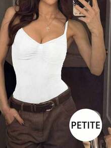 Mono de verano de unicolor minimalista y elegante con pliegues para mujer de talla pequeña - Blanco - Ver 8