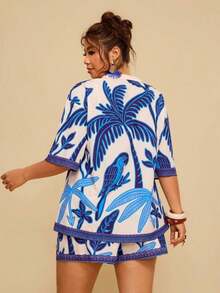 2 piezas Conjunto de talla grande Chaqueta de manga corta con estampado de leopardo, casual y de moda para uso diario - Azul y blanco - Ver 2